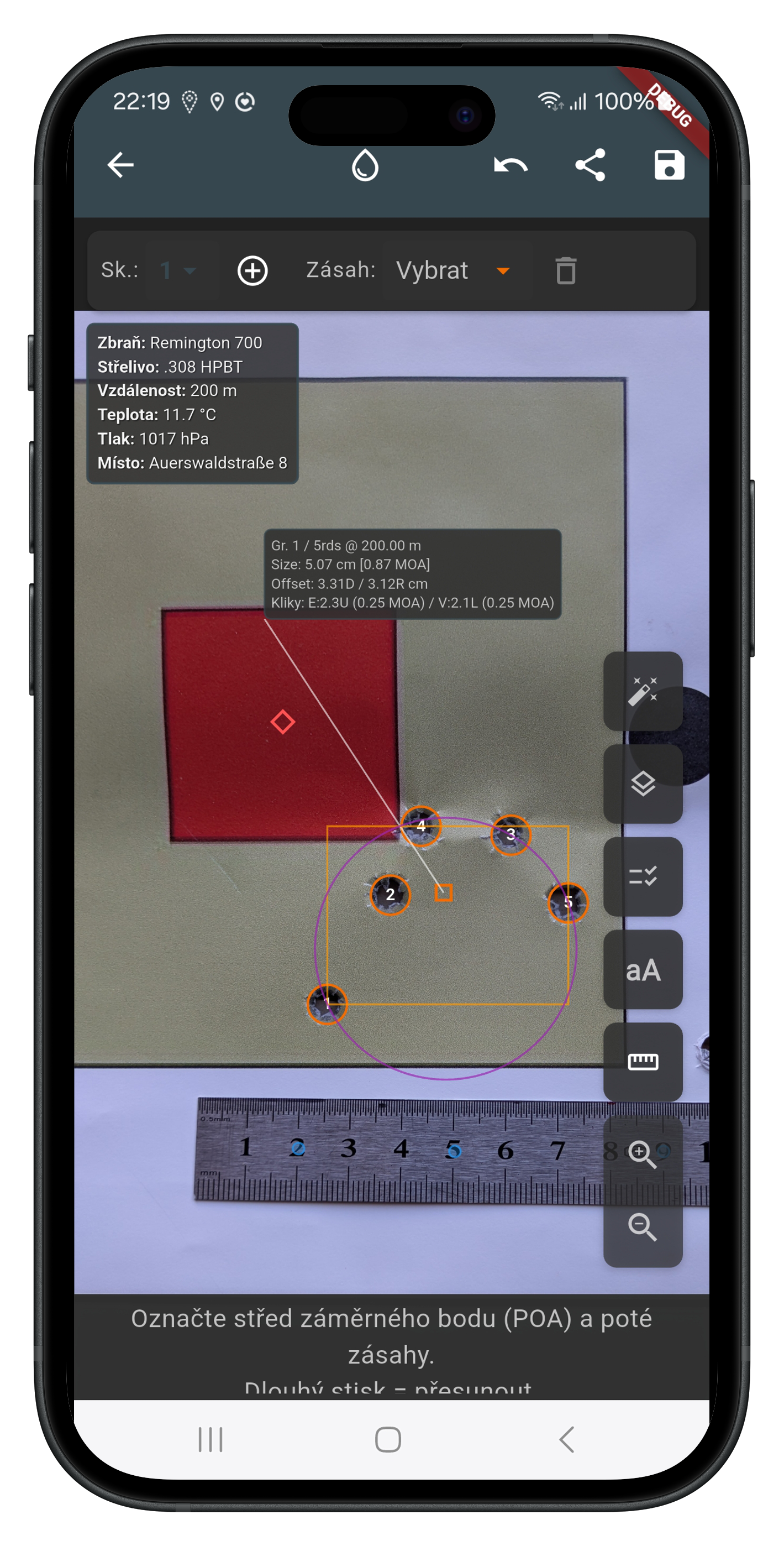 Ukázka analýzy terče s automatickým rozpoznáváním a exportem