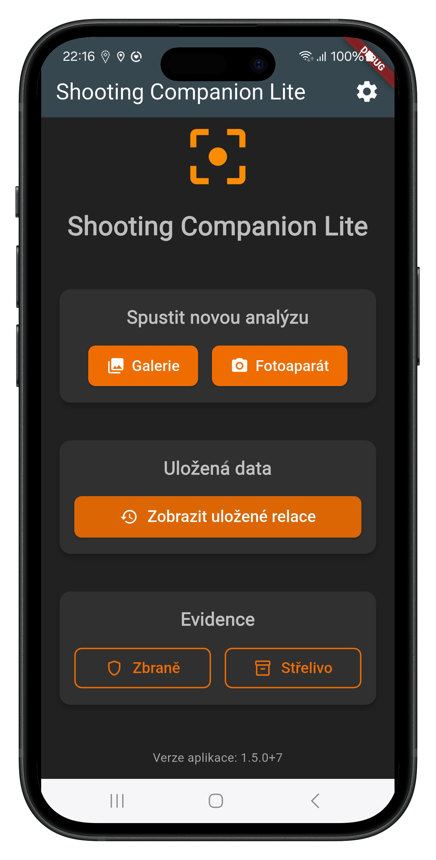 Domovská obrazovka aplikace Shooting Companion