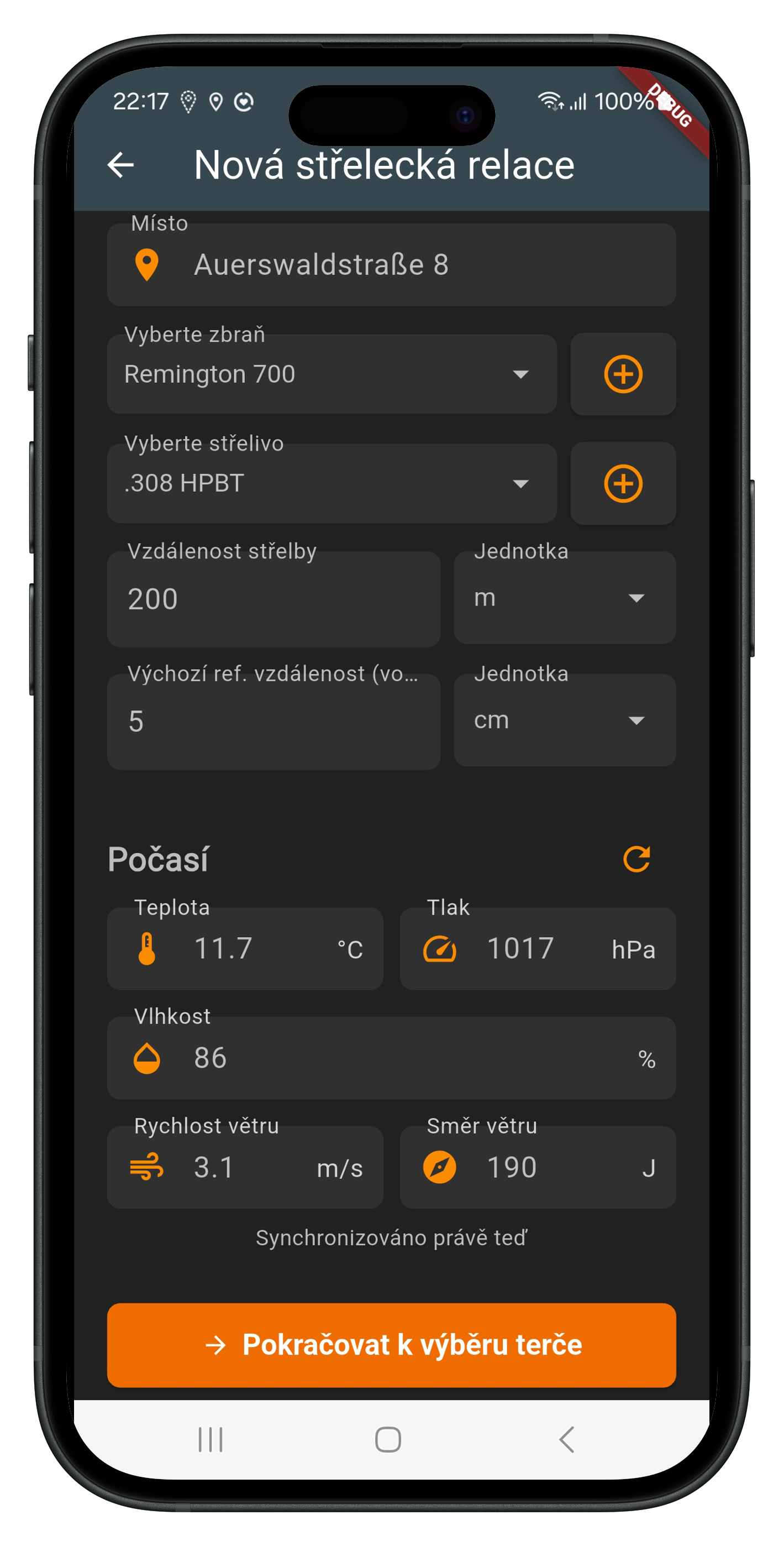 Ukázka nastavení nové střelecké relace v aplikaci